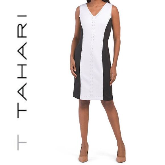 T TAHARI Sleeveless Studded Color Block Black White Knit Dress SIZE 4 NWT - Picture 1 of 13